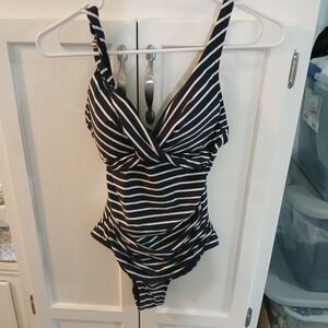 NWT Swimsuit Swim Level Swim One Piece Navy Strips Sz8 Cross Front MSRP $110